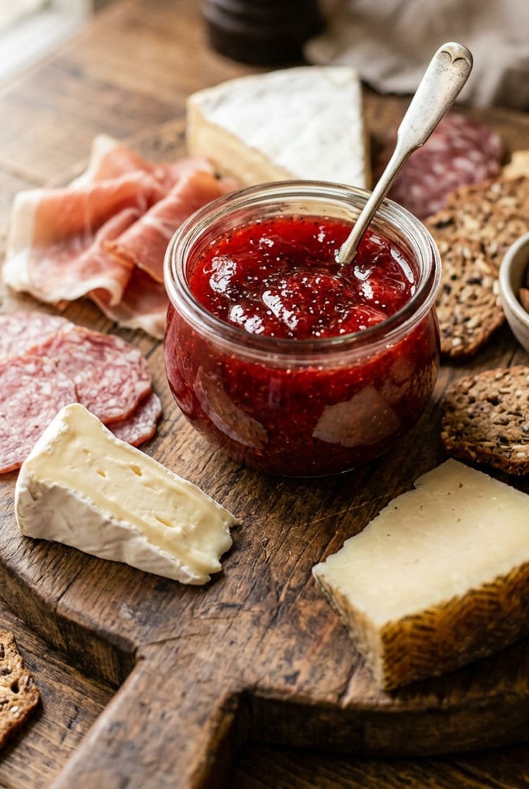 Jar of White Balsamic Strawberry Preserve with Black Pepper on charcuterie board