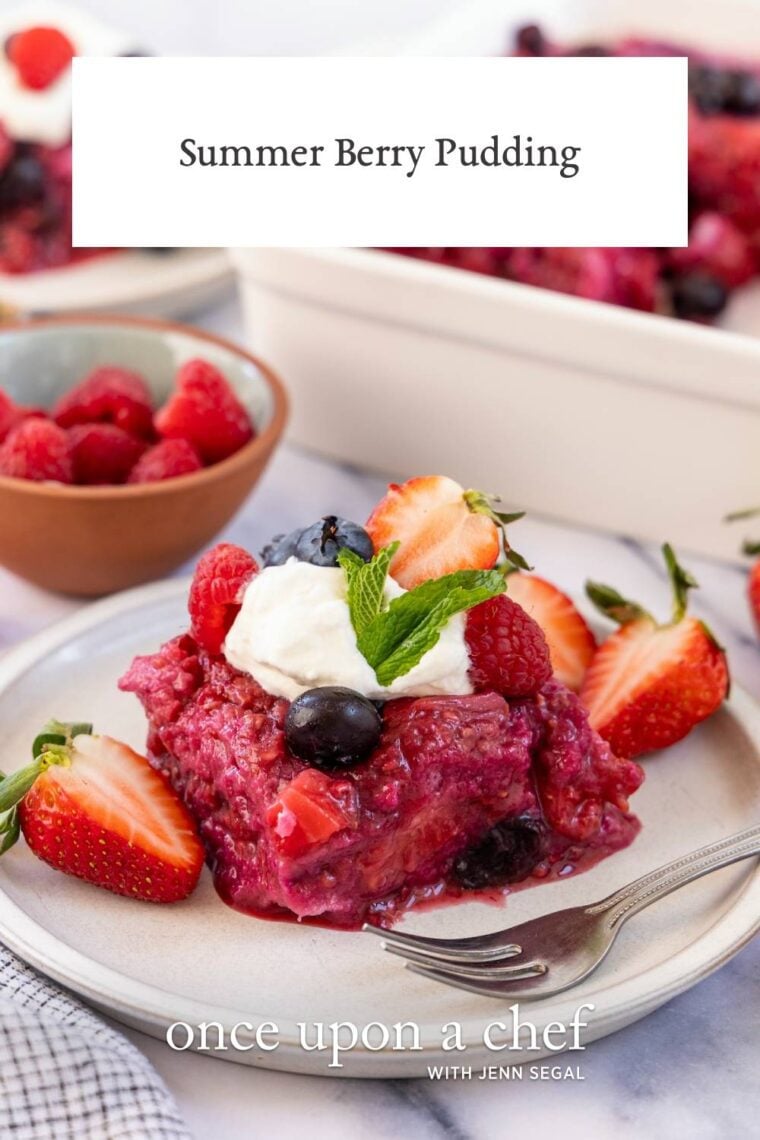 Bowl of raspberries, baking dish, and white plate with summer berry pudding square and fork