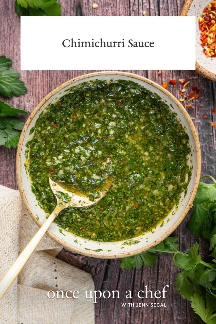 tan bowl with chimmichurri sauce sitting on rustic wood table