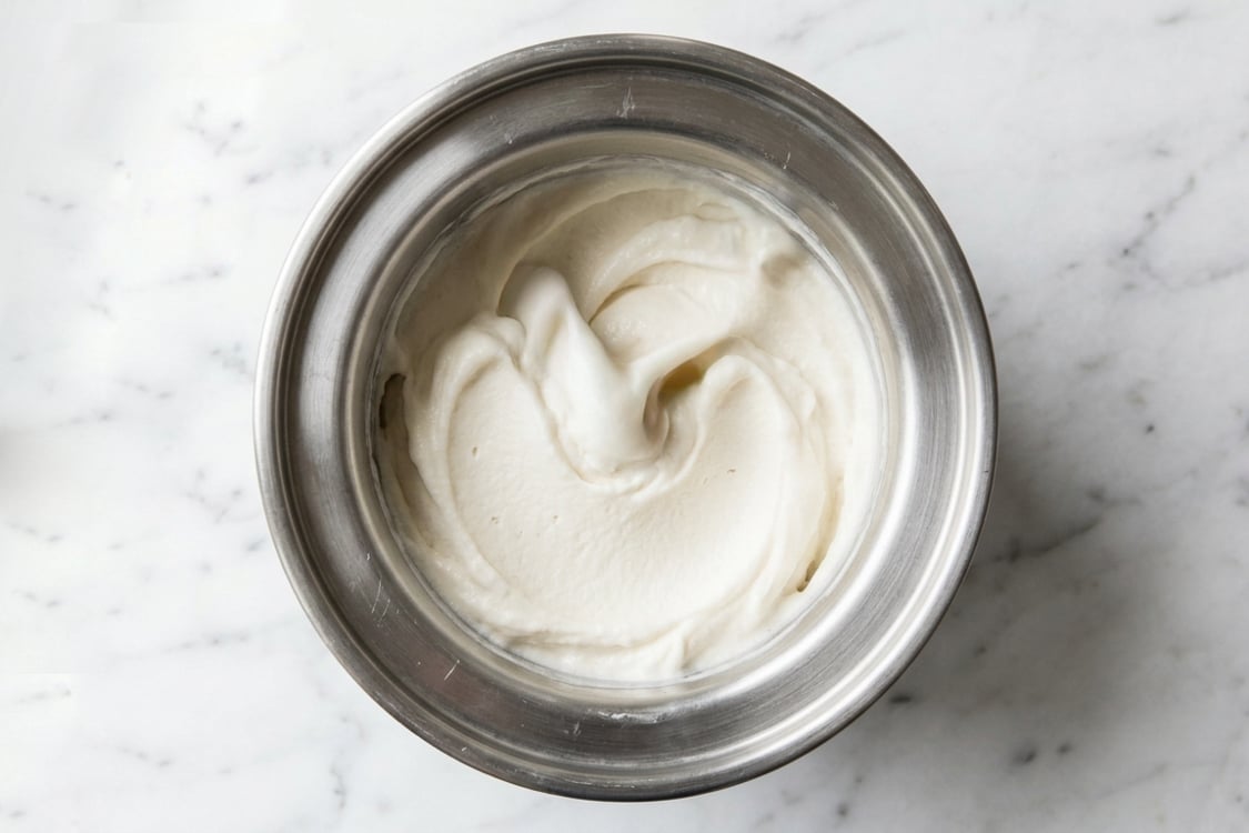 Churned buttermilk sorbet in ice cream machine canister.