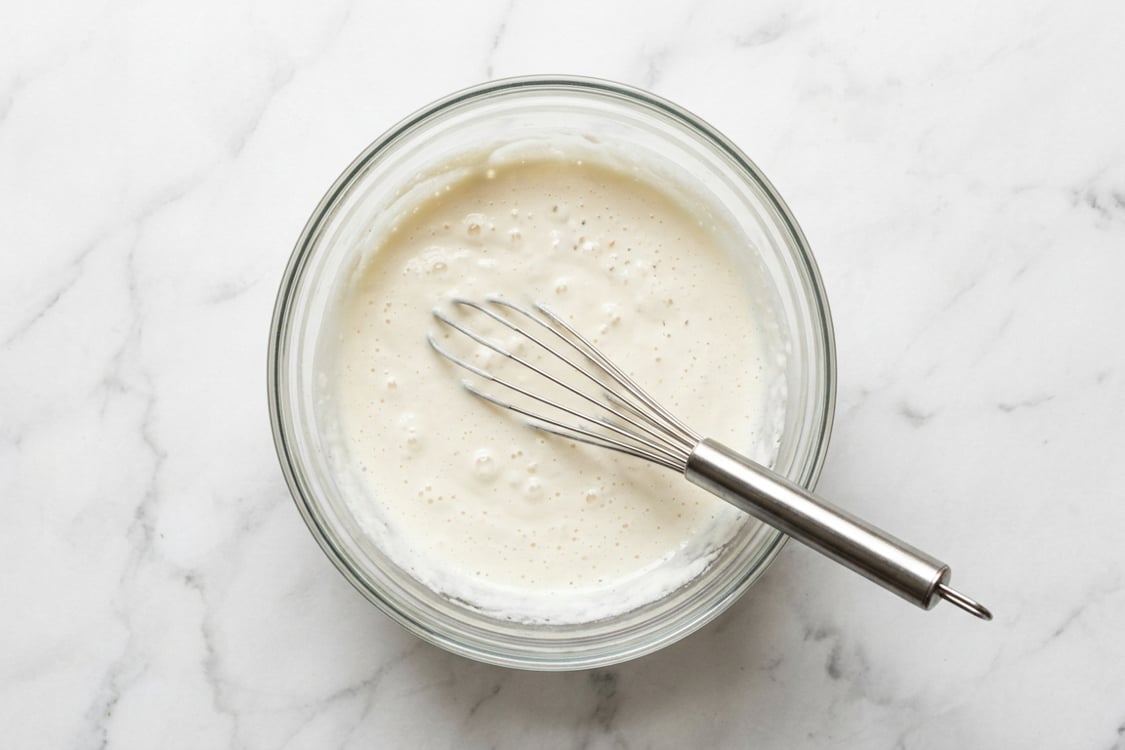 Lemon buttermilk sorbet mixture whisked in glass mixing bowl.