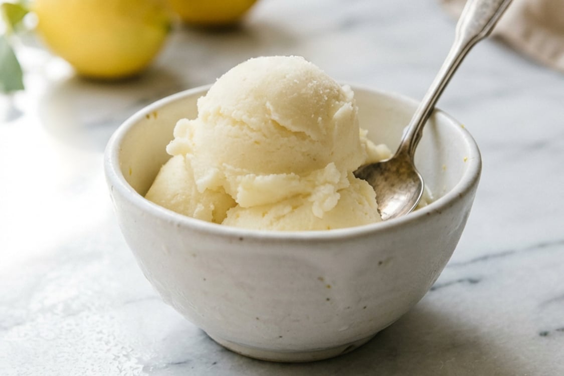 bowl of lemon buttermilk sorbet.