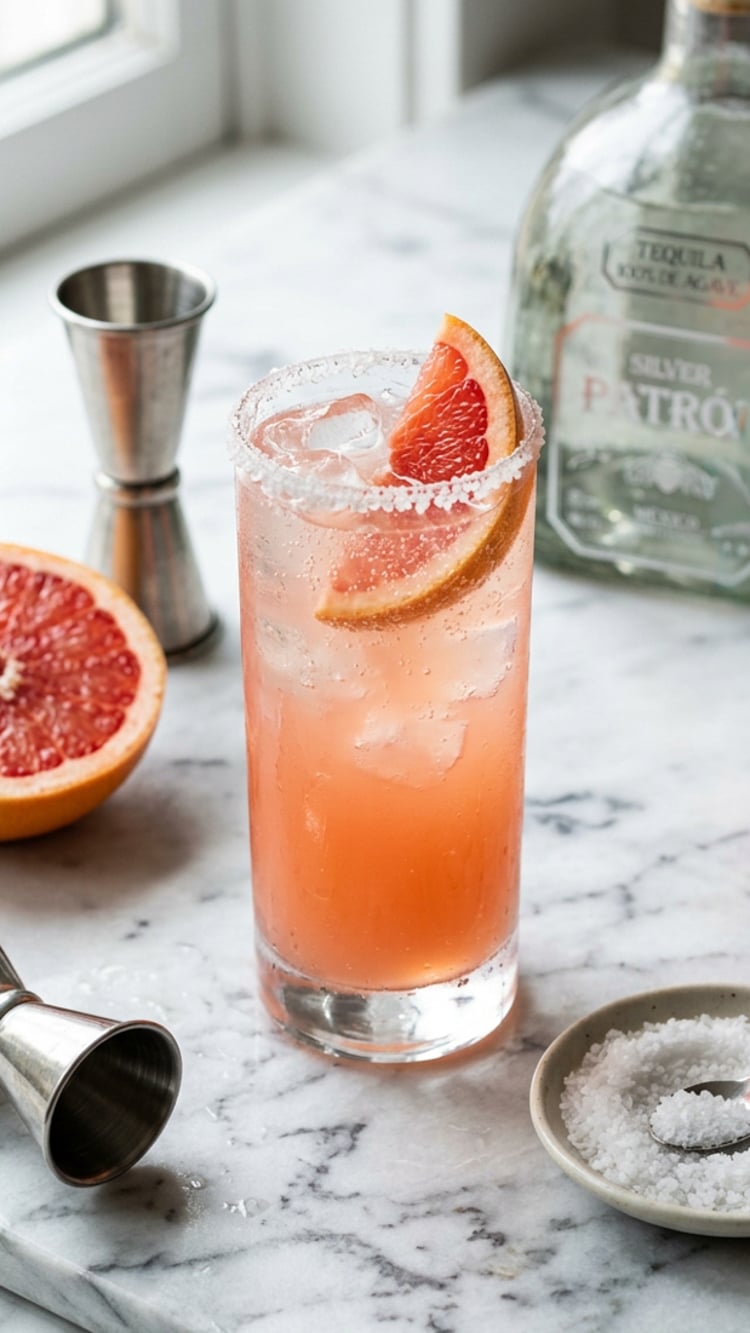 marble counter with paloma cocktail garnished with grapefruit wedge