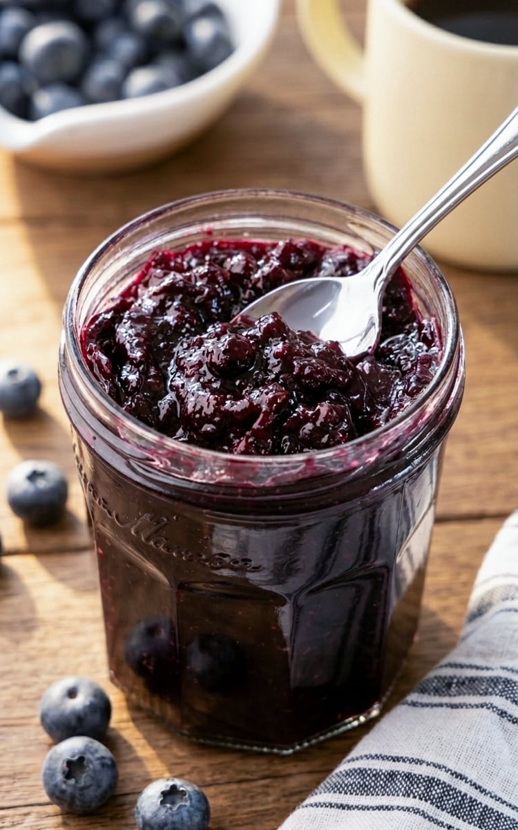 Jar of blueberry jam with spoon and striped napkin.