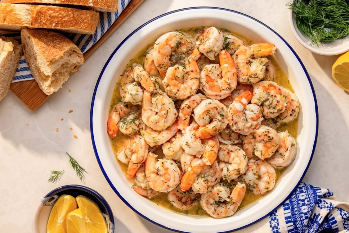 Garides Me Ánitho on serving platter with side of bread.