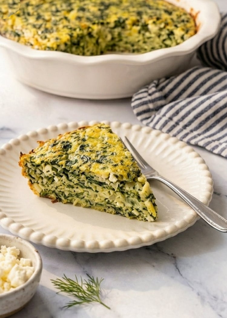 Greek spinach rice and feta pie slice on white beaded plate