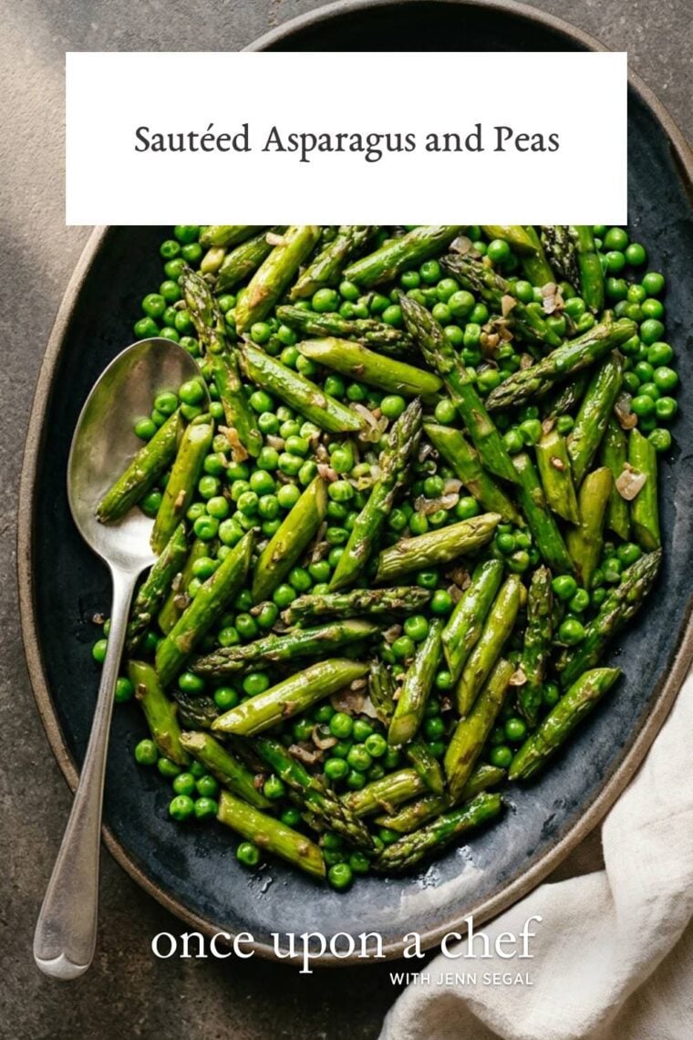 Sautéed asparagus and peas on serving platter.