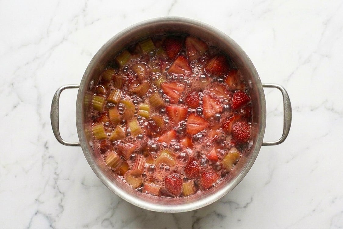 Strawberry rhubarb jam simmering in pot.