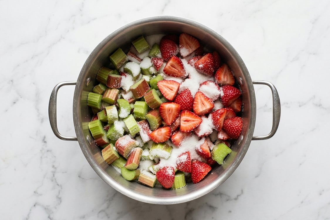 Ingredients for strawberry rhubarb jam combined in pot.