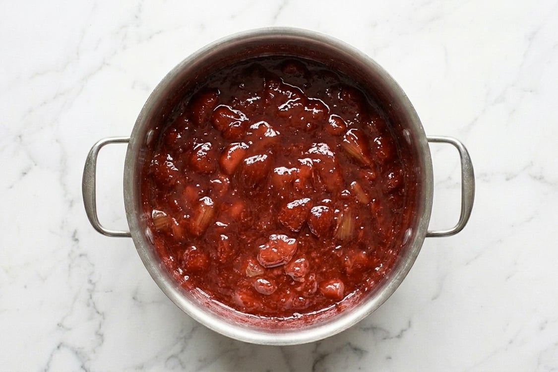 Cooked strawberry rhubarb jam in pot.