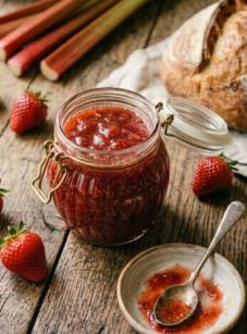 Jar of strawberry rhubarb jam.