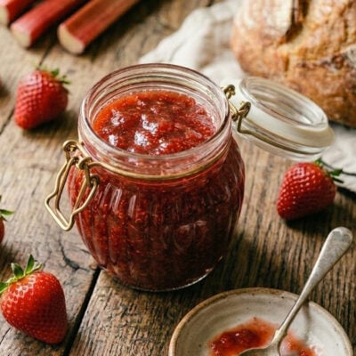 Jar of strawberry rhubarb jam.