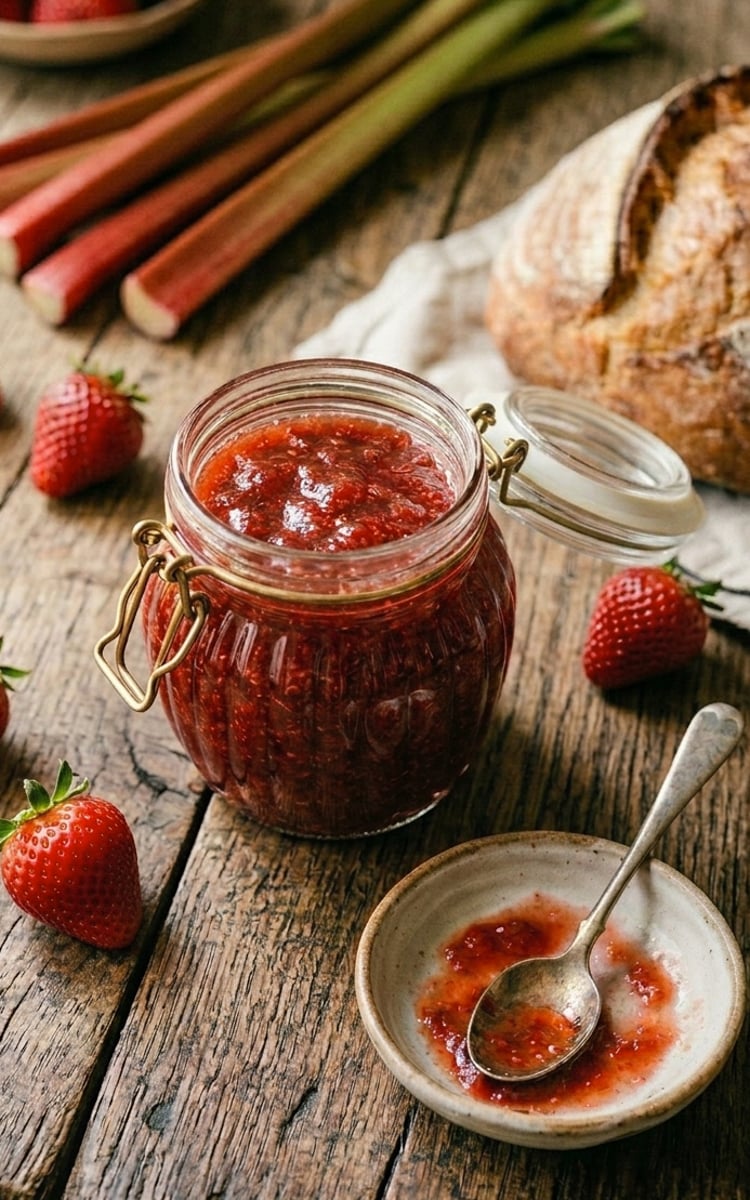 Jar of strawberry rhubarb jam.