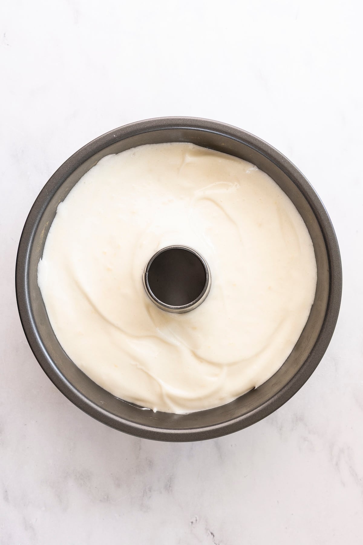 angel food cake batter in tube pan