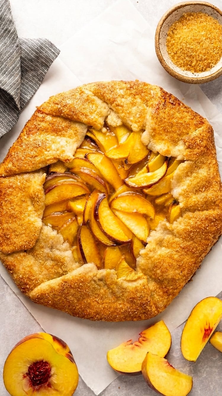 Peach galette on parchment with sliced peaches and bowl of turbinado sugar nearby.