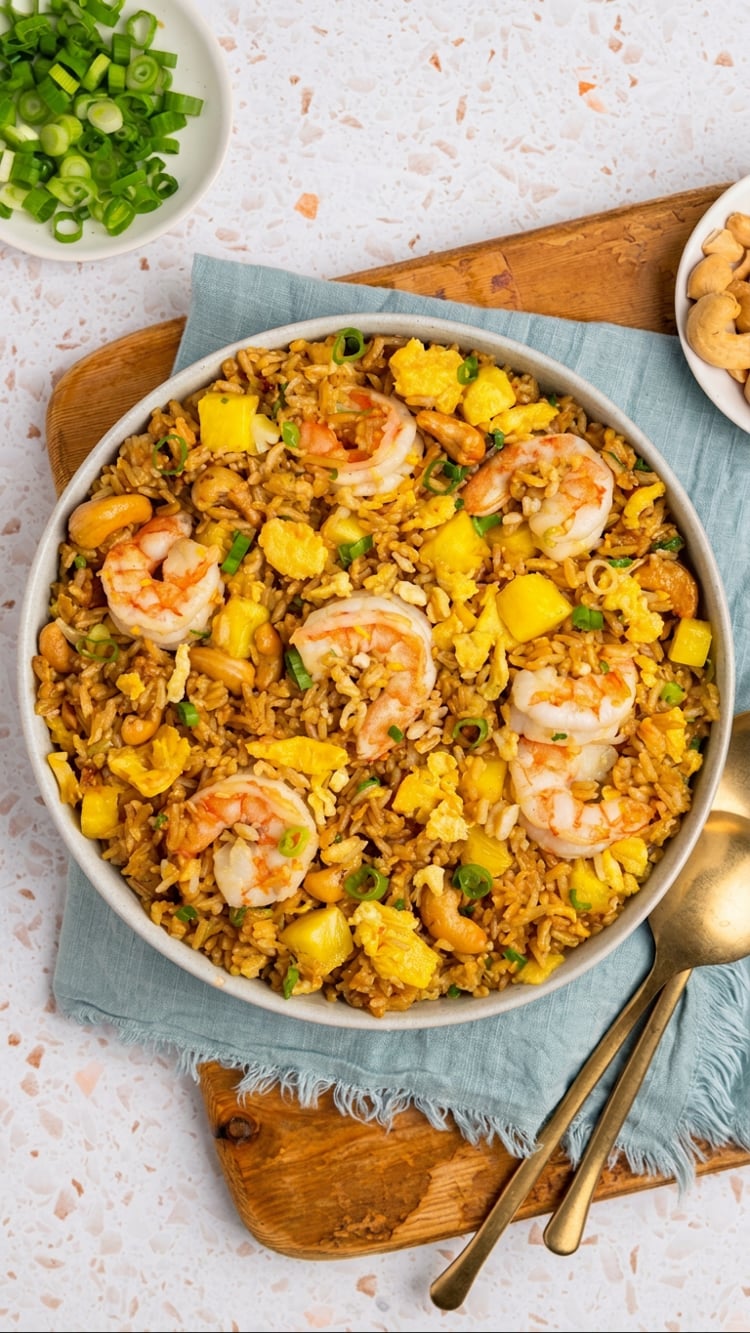 Bowl of pineapple fried rice with small bowls of scallions and cashews.