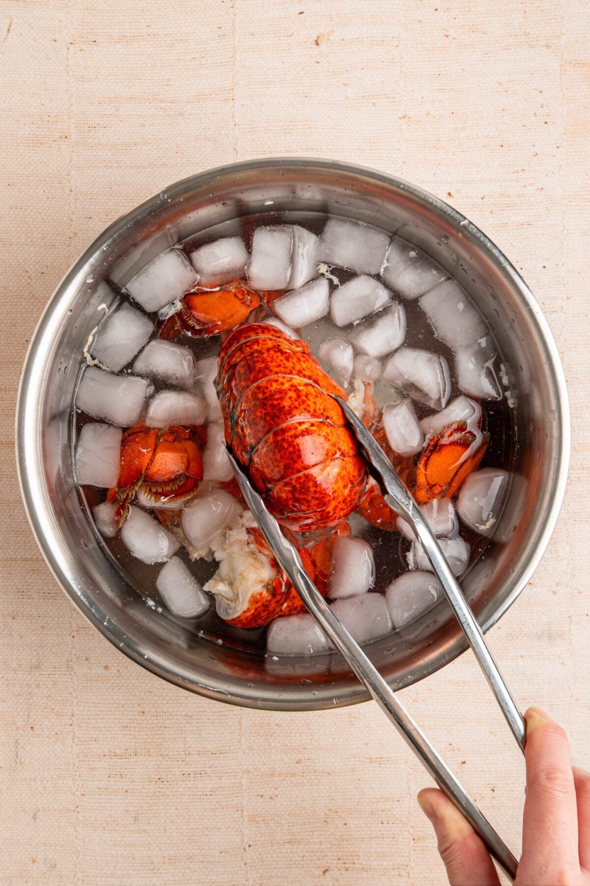 cooked lobster tails cooling in large bowl filled with ice water