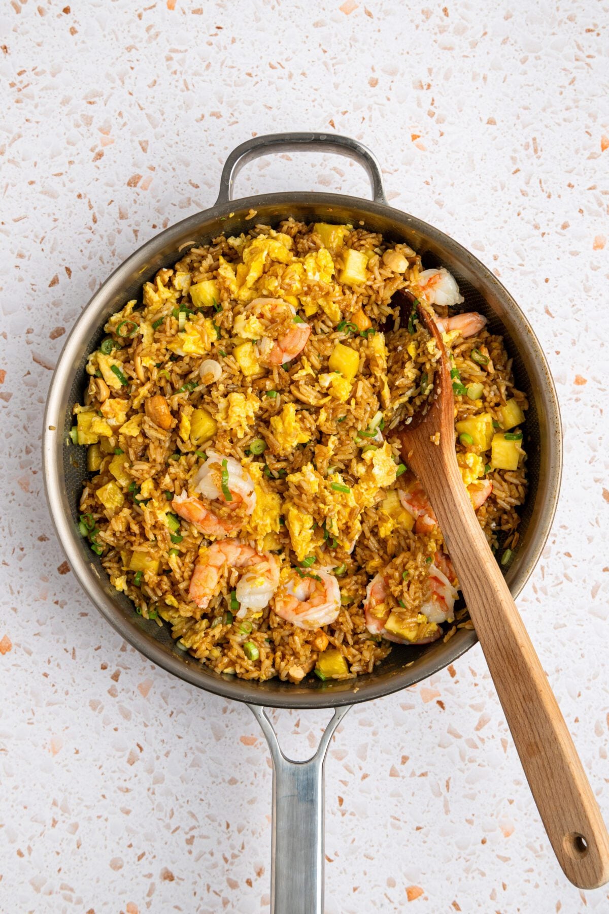 Finished pineapple fried rice in skillet.