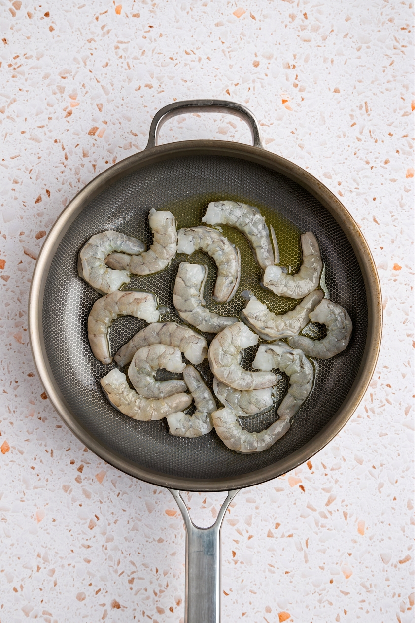 Raw shrimp in skillet.
