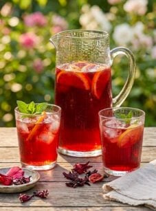 Hibiscus iced tea on picnic table