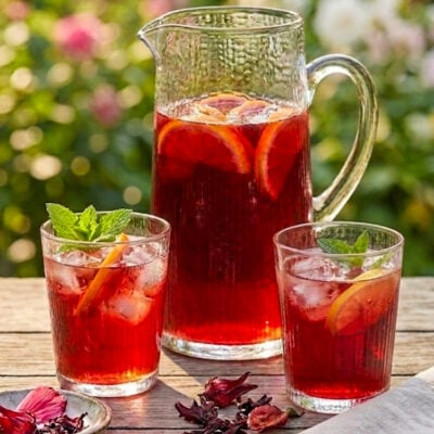 Hibiscus iced tea on picnic table