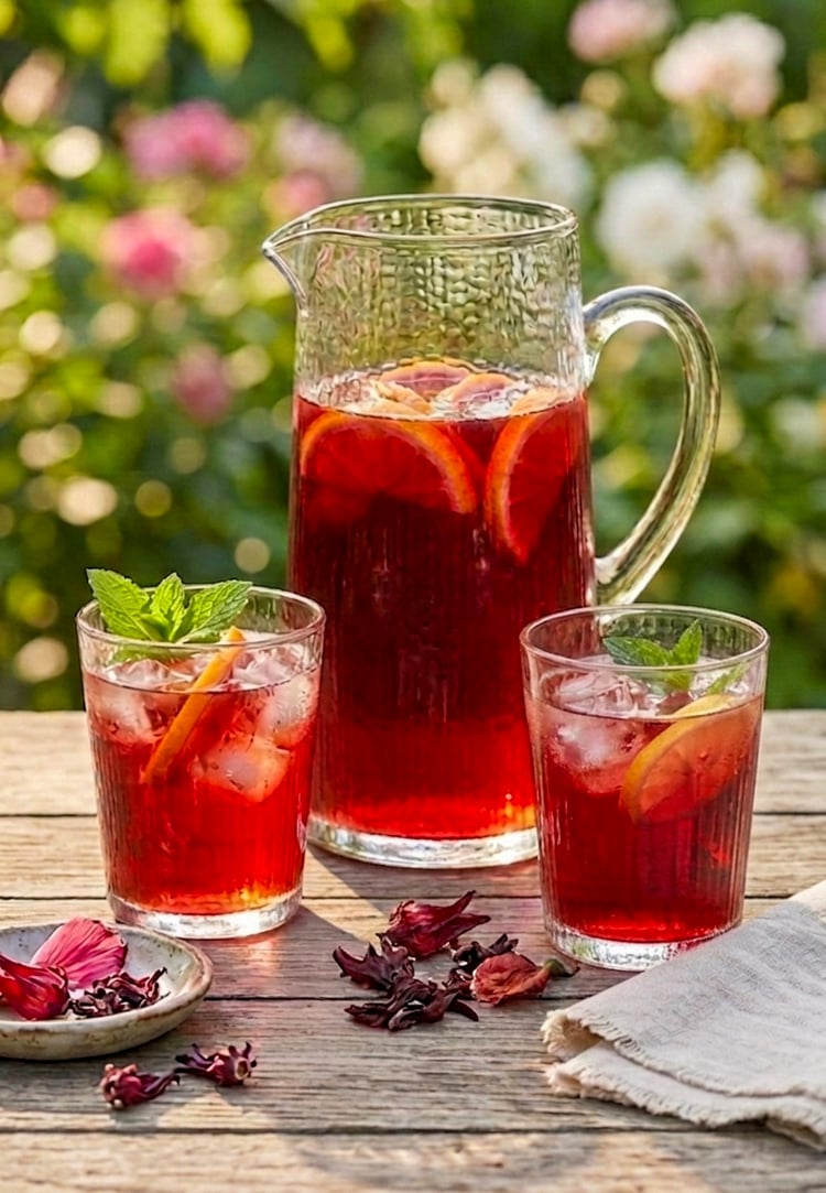 Hibiscus iced tea on picnic table