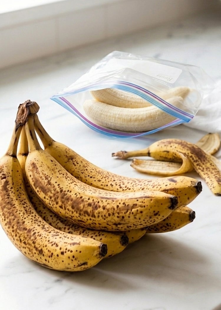 Ripe and peeled bananas on countertop for freezing.