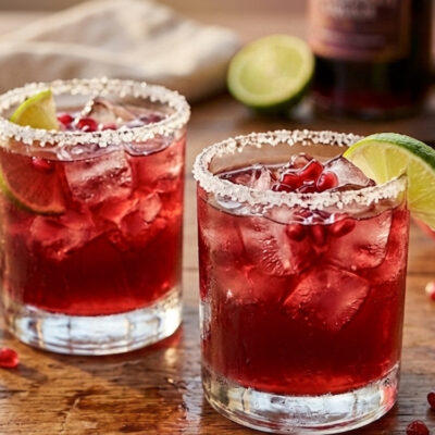Pomegranate margaritas on wooden table with limes.