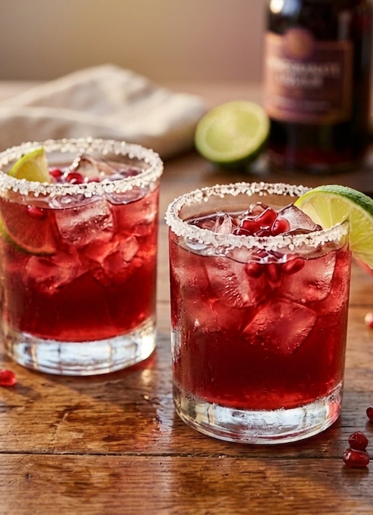 Pomegranate margaritas on wooden table with limes.