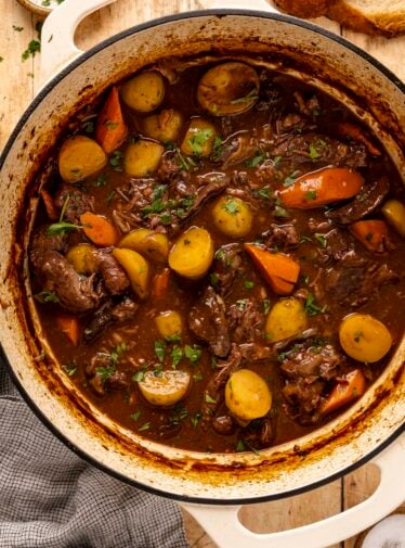 Beef stew with vegetables in Dutch oven.