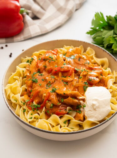 Chicken Paprikash over egg noodles with dollop of sour cream.