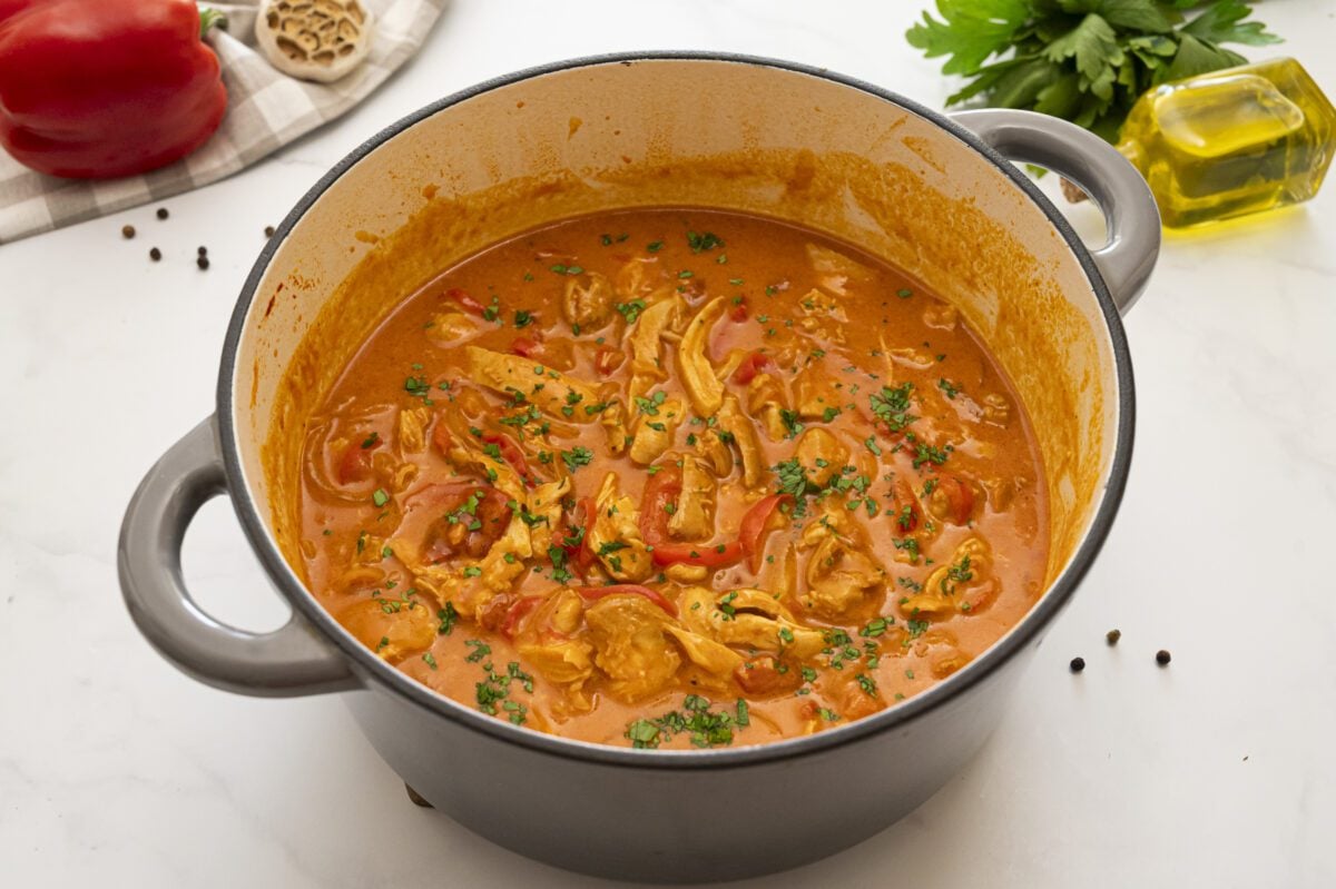 Finished chicken paprikash in Dutch oven.