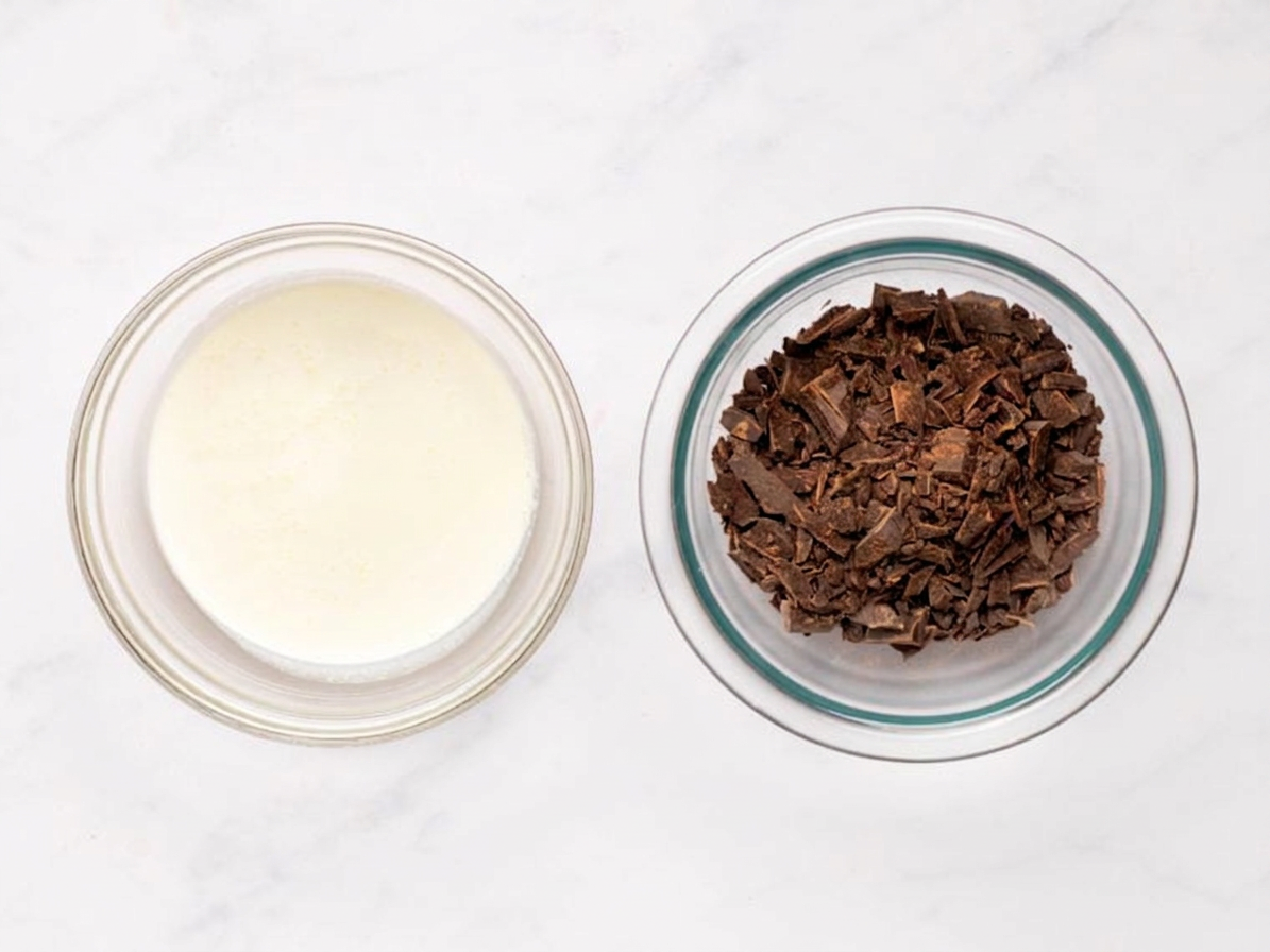 Bowls of heavy cream and semi-sweet chocolate.