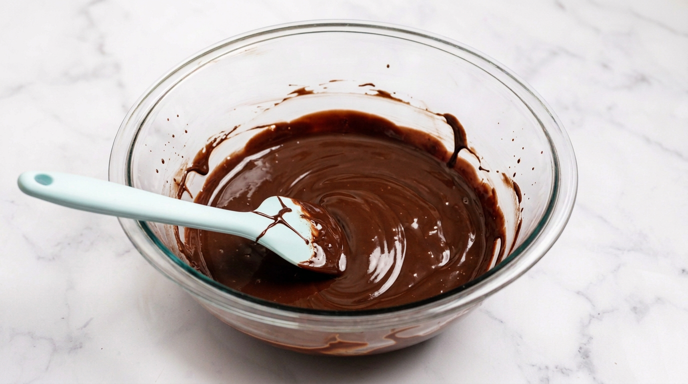Spatula in a bowl of chocolate ganache.